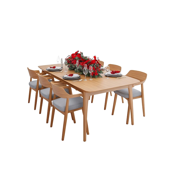 PSD festive dining table setting with wooden chairs and red flowers