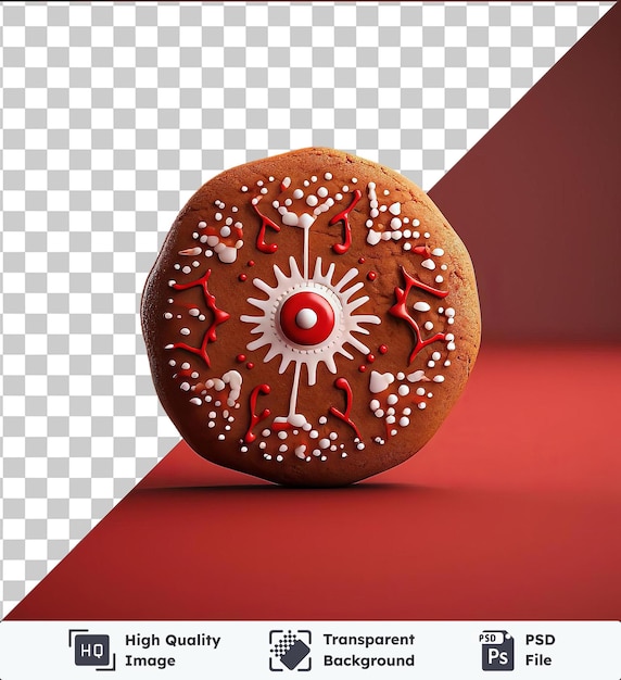 Festive gingerbread cookie on a red table with a red wall in the background casting a dark shadow