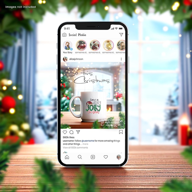 PSD festive iphone 15 mockup di uno smartphone su uno sfondo natalizio luminoso