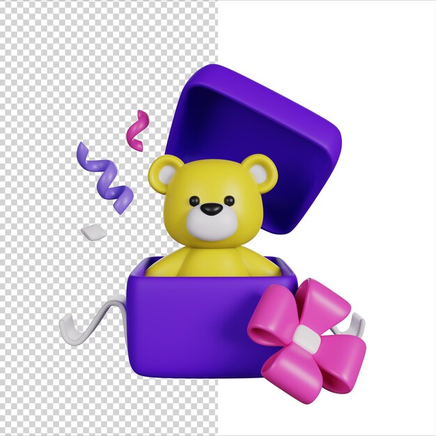 PSD festive present box with a birthday toy bear 3d render icon