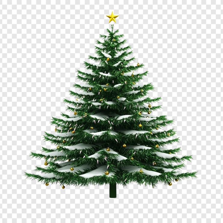 PSD 雪に覆われたクリスマスツリー 黄金の装飾 輝く星 喜びの休日