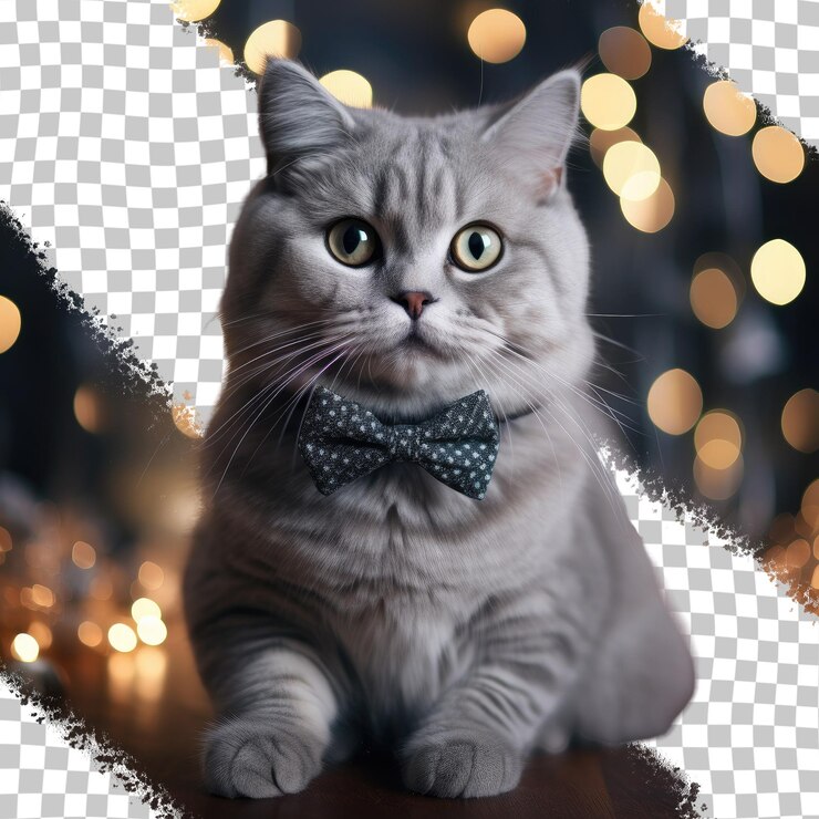 PSD festive vibes captured in a transparent background featuring an elegant bow tied gray cat