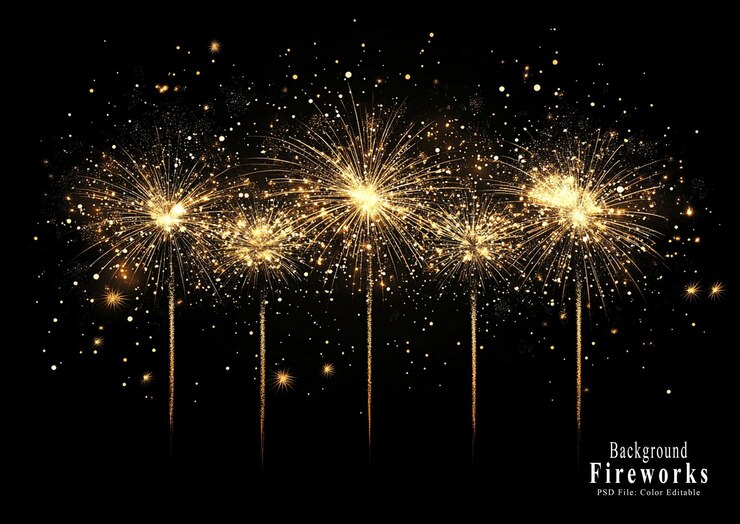 PSD festive yellow fireworks on a dark background with space for copy depicting a new year celebration