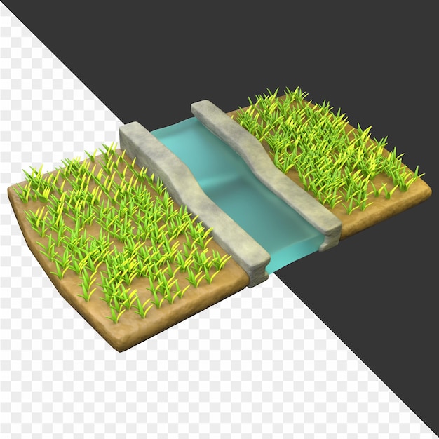 a field of grass with a bridge in the middle