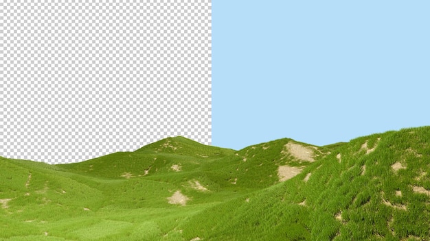 Campo di erba verde, rendering 3d. paesaggio con una collina. la trama dell'erba del prato verde.