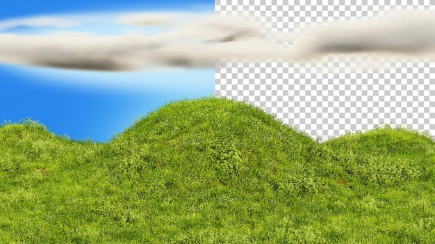 PSD 꽃과 구름이 있는 필드 녹색 잔디 언덕이 있는 풍경 녹색 잔디 잔디 3d 렌더링의 질감