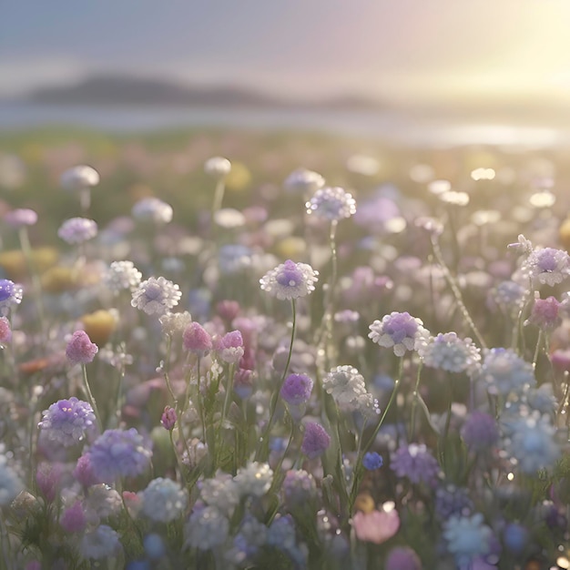 朝の太陽の光でパステル色の野花の畑