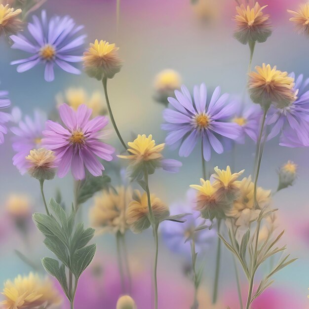 Field of pastel wildflowers with morning sunlight