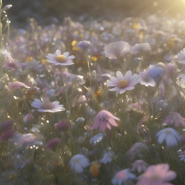 PSD field of pastel wildflowers with morning sunlight