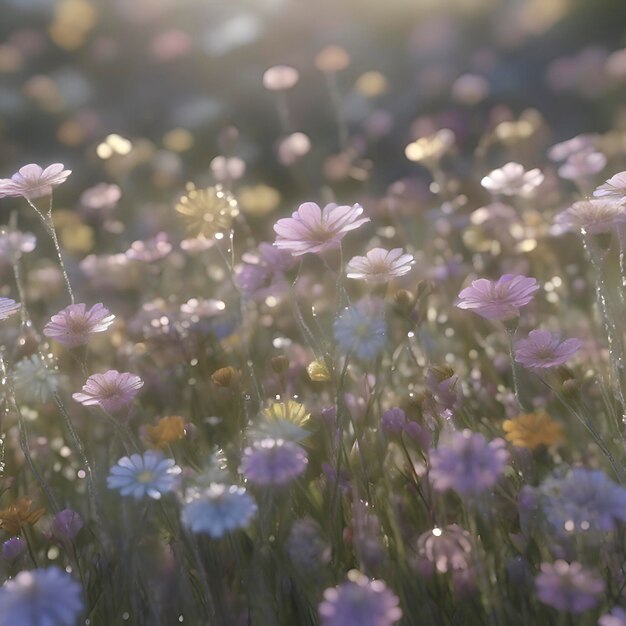 PSD field of pastel wildflowers with morning sunlight