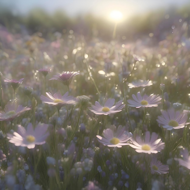 PSD field of pastel wildflowers with morning sunlight