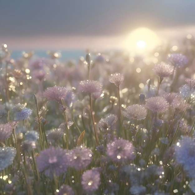 PSD field of pastel wildflowers with morning sunlight