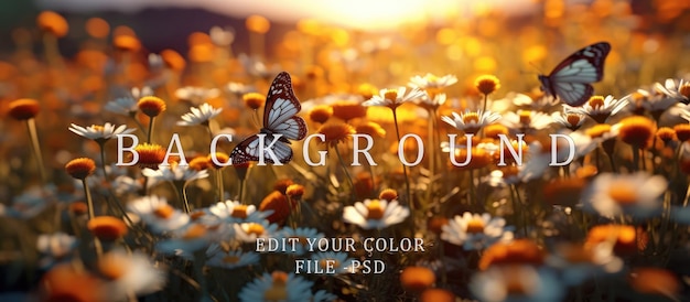 PSD fields of daisies and butterflies fluttering with orange and blue sunlight