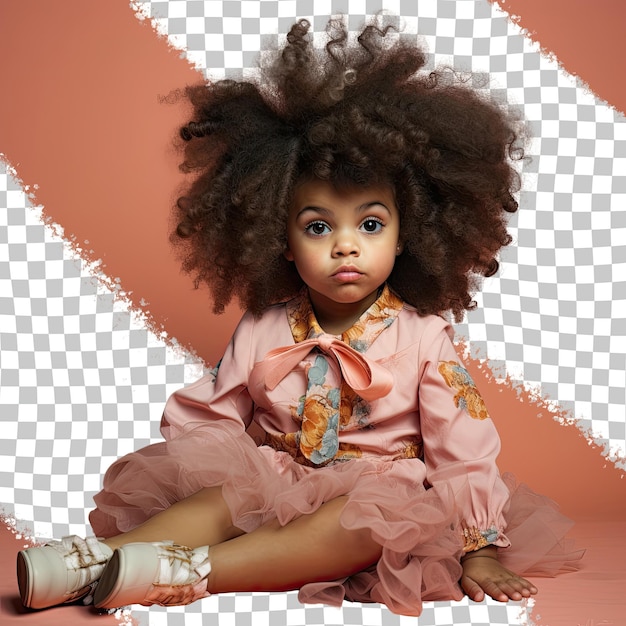 PSD fierce fashionista east asian toddler rocks kinky hair poses in model attire against pastel coral