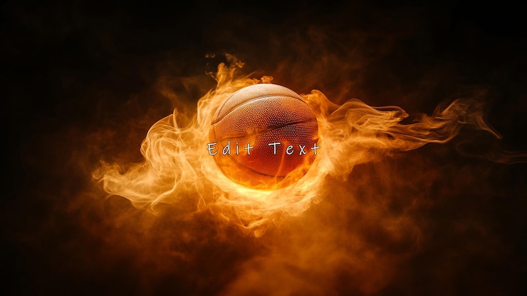 PSD fiery basketball engulfed in flames against a dark background