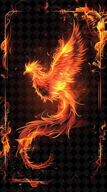 Fiery phoenix arcane frame con piume ardenti e rising neon color frame y2k art collection