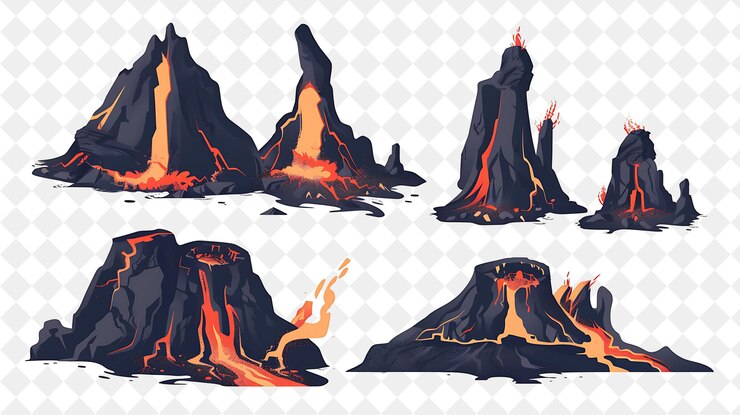 PSD 火山風景,充滿活力的岩流和有趣的插圖 自然風景設計