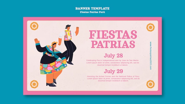 Fiestas patrias horizontale bannersjabloon met mensen die dansen en vieren