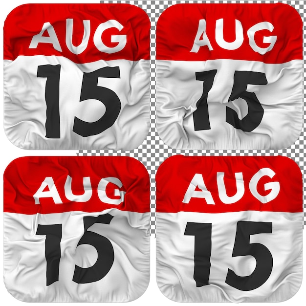 PSD quindicesimo 15 agosto data icona del calendario isolata quattro ondeggianti stile bump texture rendering 3d