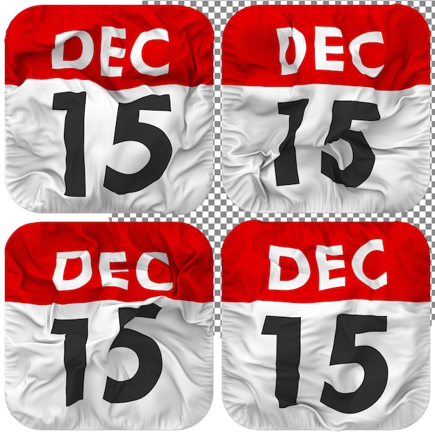 PSD quindicesimo 15 dicembre data icona del calendario isolata quattro ondeggianti stile bump texture rendering 3d