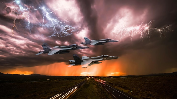 PSD fighter jets soaring through a thunderstorm