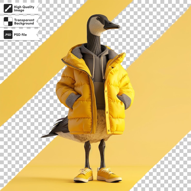 PSD a figure of a duck wearing a yellow coat with the word duck on it