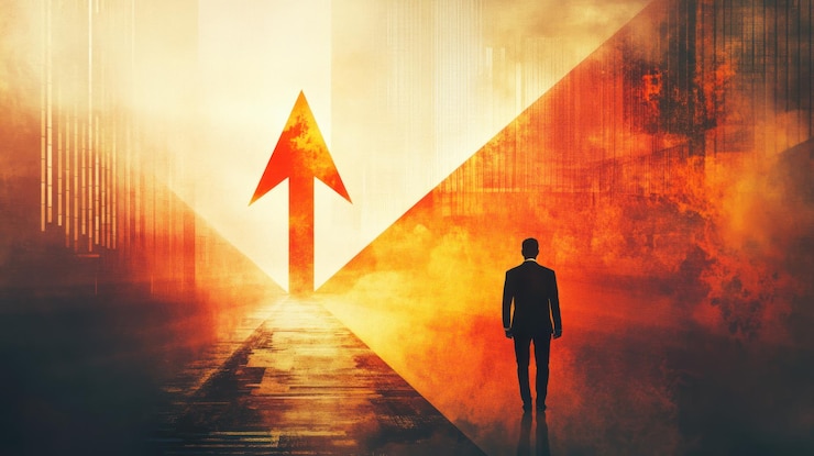 PSD a figure walking towards an upward arrow symbolizing growth