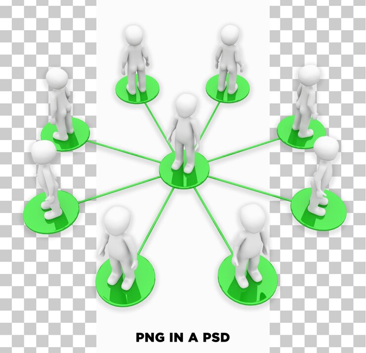 PSD figures connected in a network symbolizing collaboration isolated on transparent background