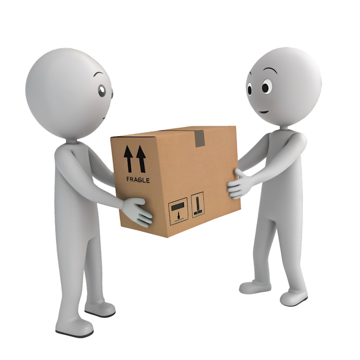 PSD figures exchanging cardboard box