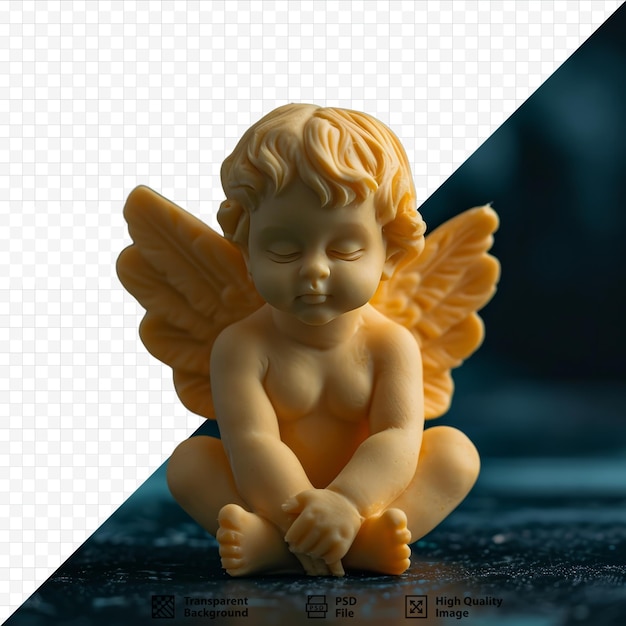 PSD a figurine of an angel of a child or cupid with wings of yellow clay on a black isolated background with a blue light