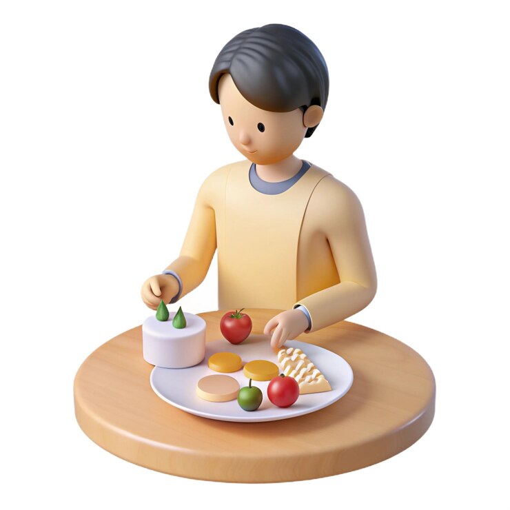 PSD 男の子の像が食事のテーブルに座っている
