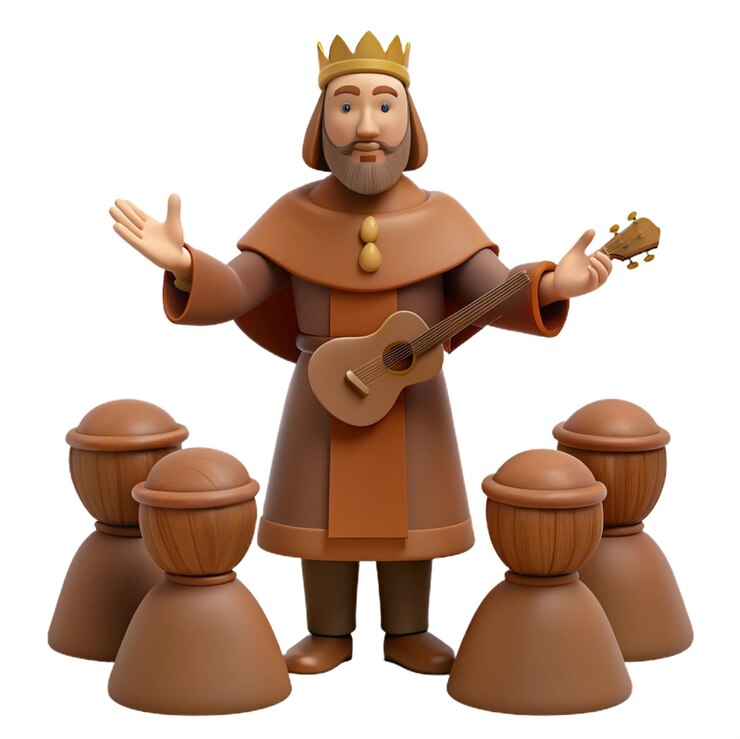 PSD a figurine of a king with a crown on his head and a guitar in his hand