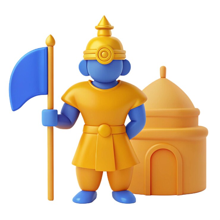 PSD a figurine of a knight with a yellow helmet and a blue and orange helmet