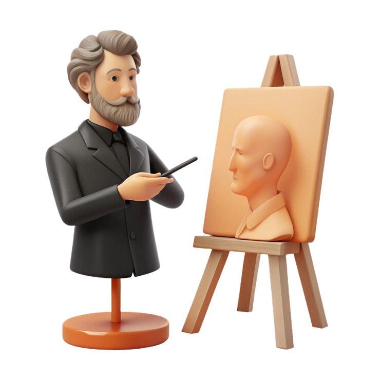 PSD a figurine of a man is next to a wooden easel