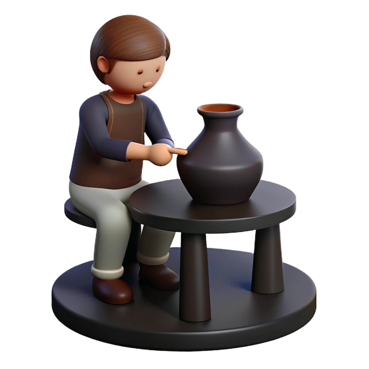 PSD a figurine of a man sitting on a stool with a vase on it
