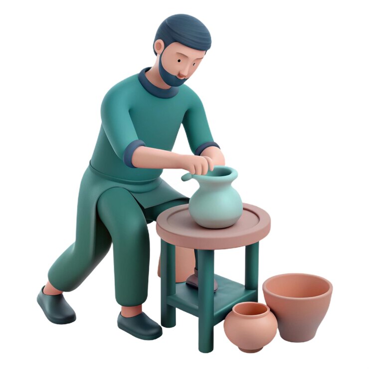 PSD a figurine of a man working on a table with pots and pots