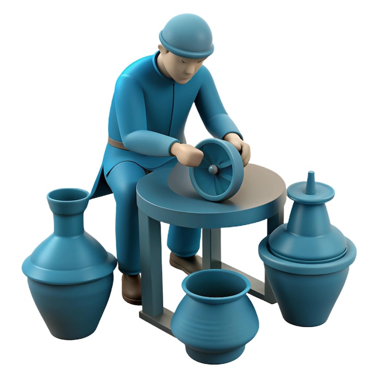 PSD a figurine of a man working on a table with pots and pots