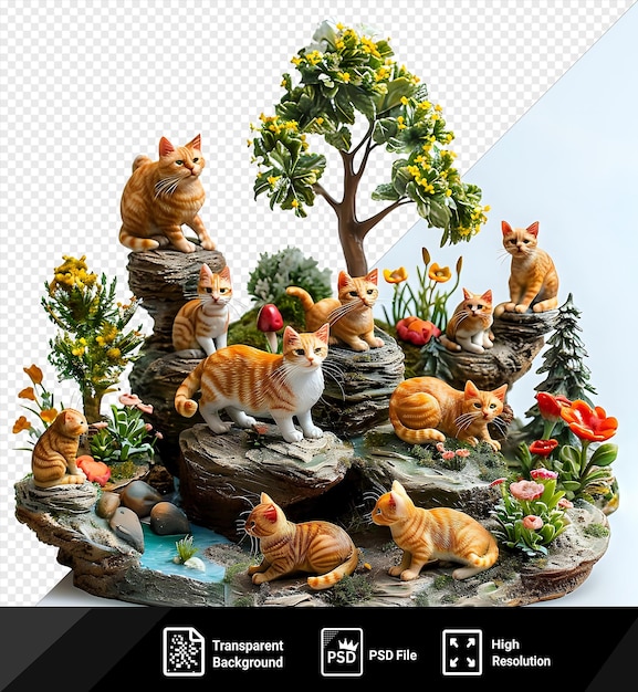 PSD figurki kotów w miniaturowych scenach przyrody, w tym pomarańczowe i białe koty, żółty kwiat i zielone drzewo na tle niebieskiego nieba.
