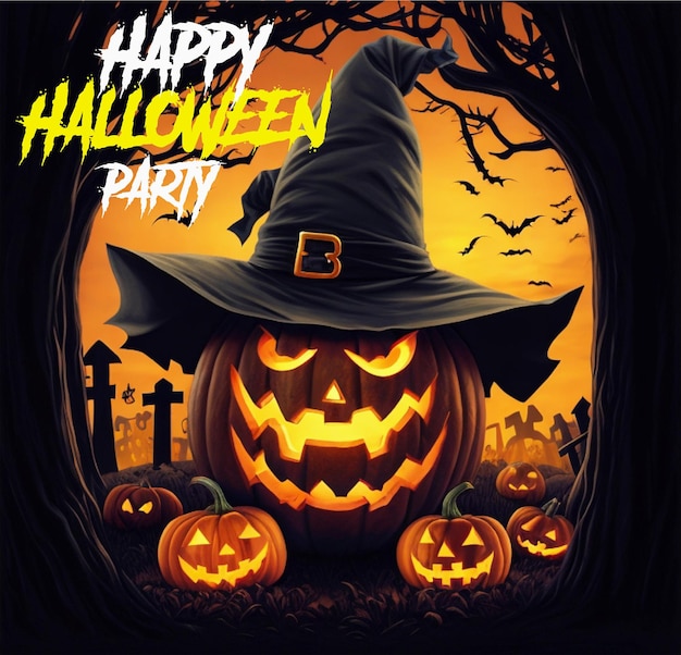 PSD fijne halloween-scène met pompoenheks, mooie cartoonstijl en een griezelige gotische kunst van een heksenhoed