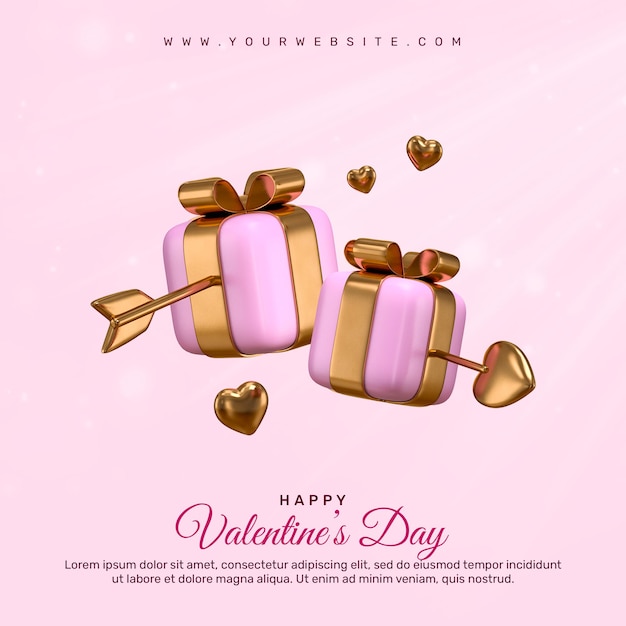 PSD fijne valentijnsdag met 3d-hartengeschenkdoos en romantische valentijnsdecoraties