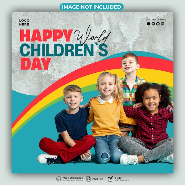 Fijne wereldkinderdag met een regenboog social media postbanner PSD