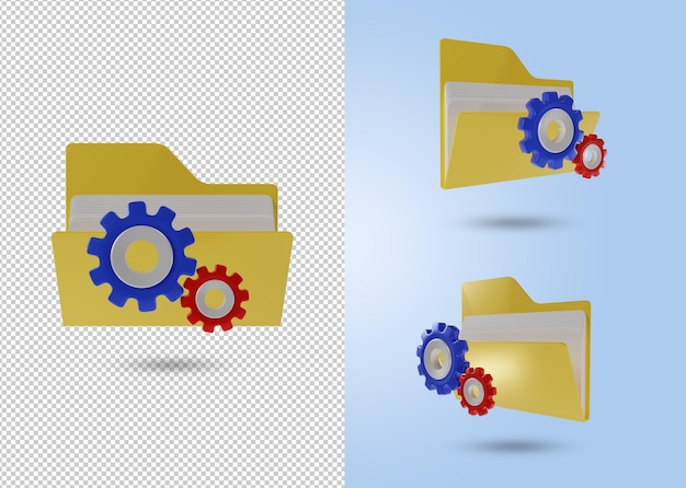 PSD file folder icon set with gear document file concept being setup 3d rendering