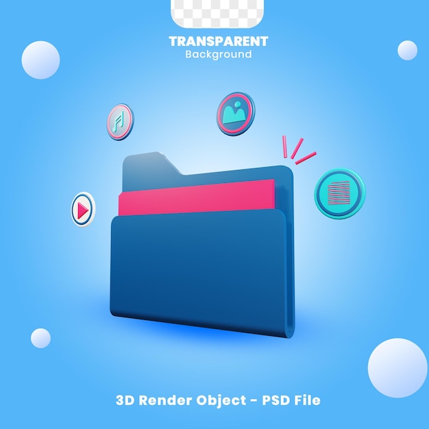 File on folder object in isolated 3d rendering with transparent background