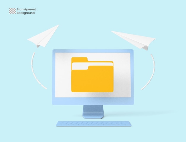 File transfer concept. Yellow folder with document on computer monitor. 3d rendering illustration.