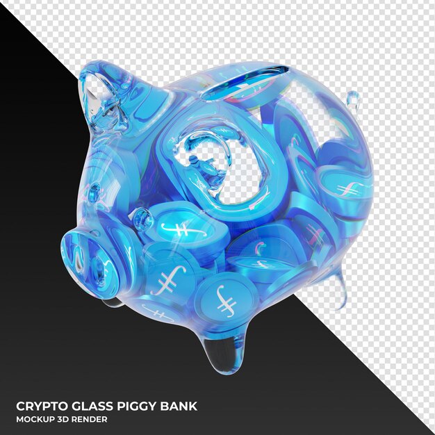 Filecoin fil glass piggy bank with crypto coins 3d illustration