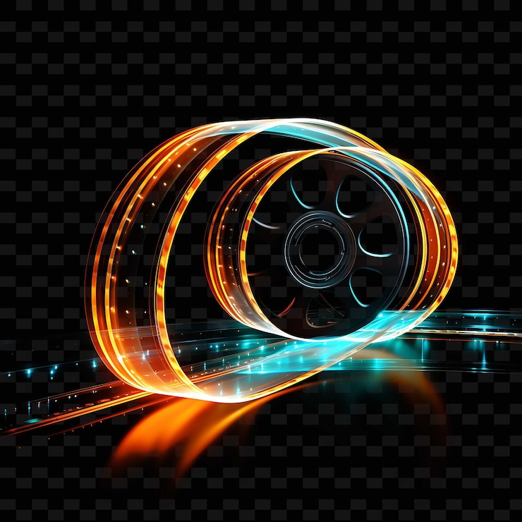 PSD film reel classic black curved neon lines clapperboard decor png y2k shapes transparent light arts