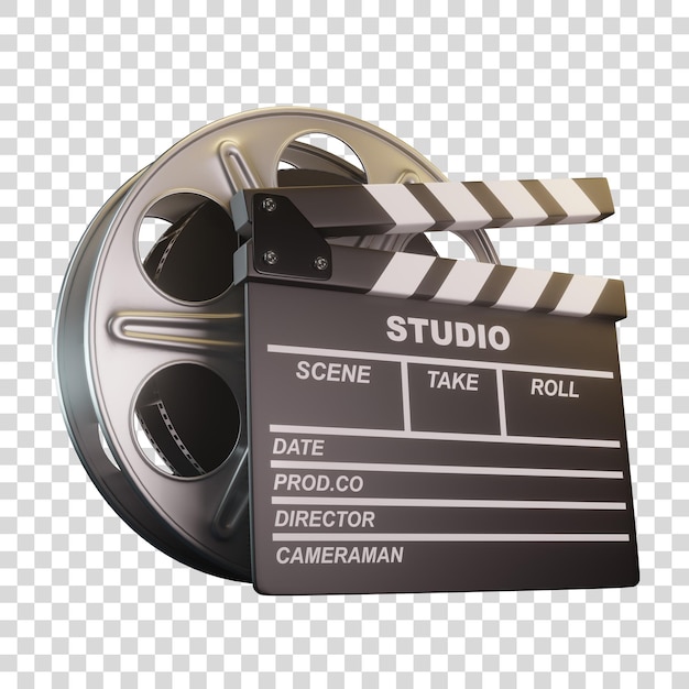 PSD bobina di film con clapperboard isolato su sfondo bianco rendering 3d del concetto di film cinematografico