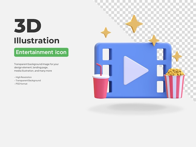 PSD 재생 기호 엔터테인먼트 3d 렌더링 일러스트와 함께 필름 롤 시네마 아이콘