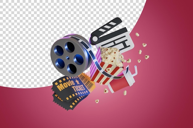 Film tickets and popcorn film slate spread 3d render illustration