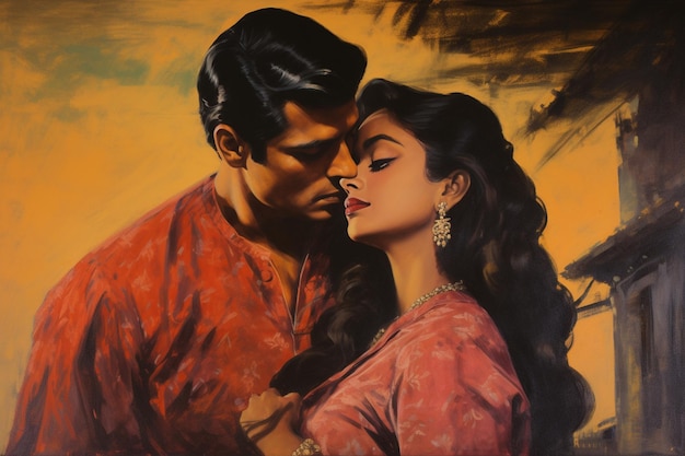 Filmy poster style illustration of a couple in a loving embrace old bollywood romantic film poster